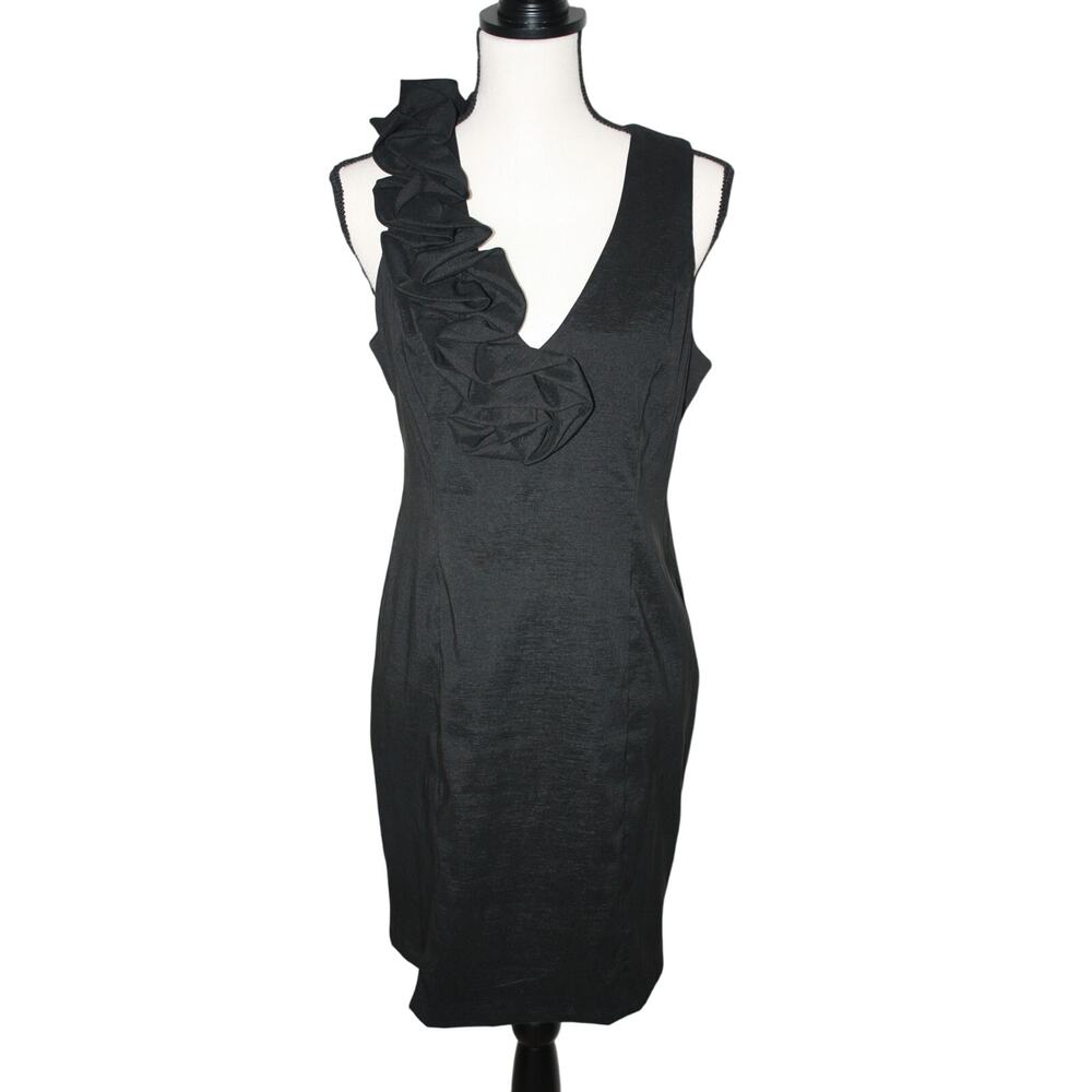 SL Fashions Black Sleeveless Midi Cocktail Dress Women's Size 12P V-Neck Ruffle‎